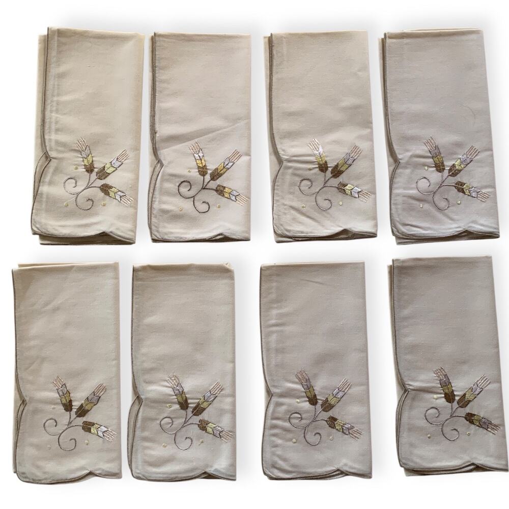 Set of 8 Vintage Fabric Napkins Embroidered Feathers Floral Tan Yellow White